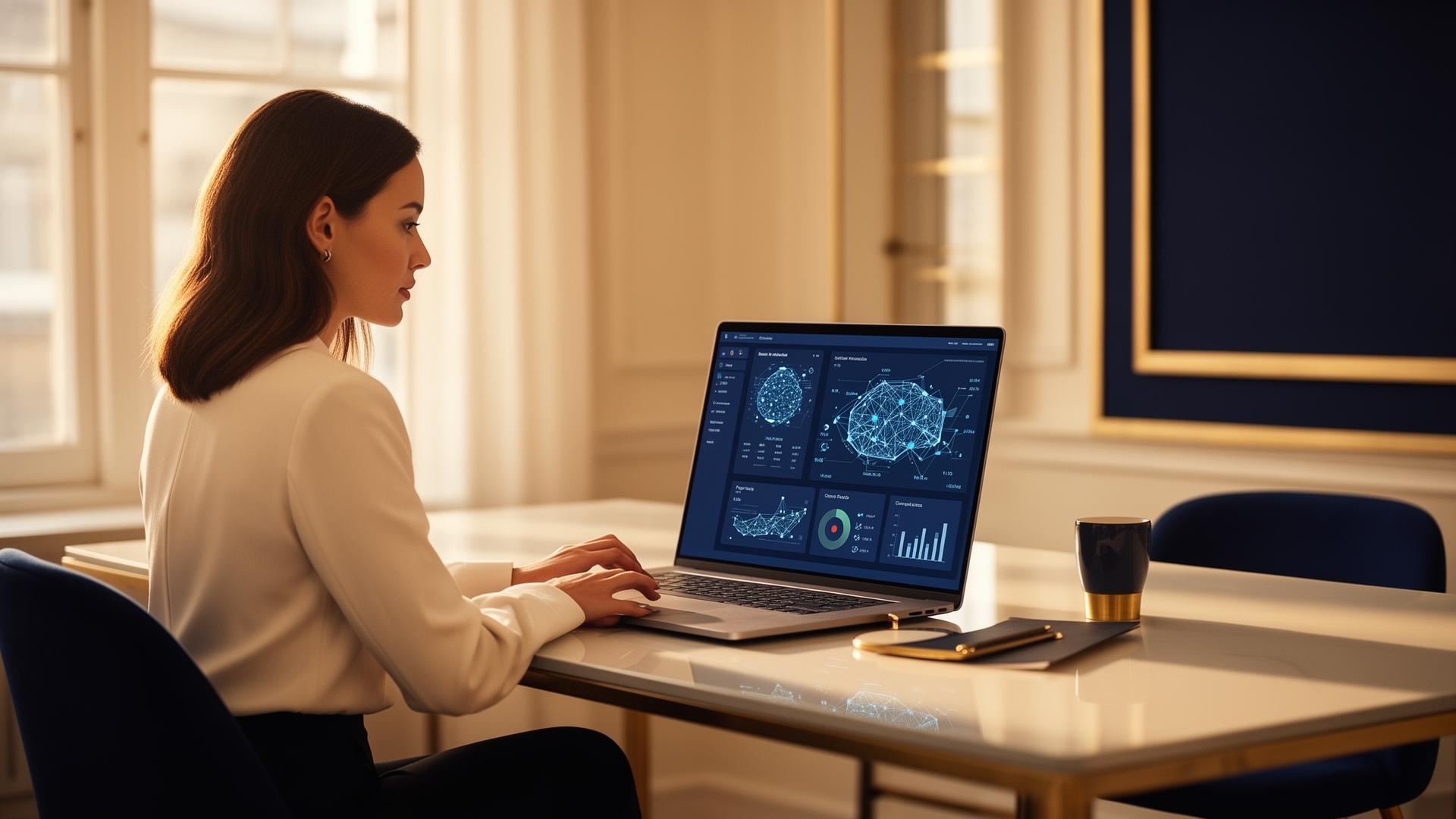 Marketing strategist working at a sunlit desk with a laptop showing AI dashboards in an elegant London office
