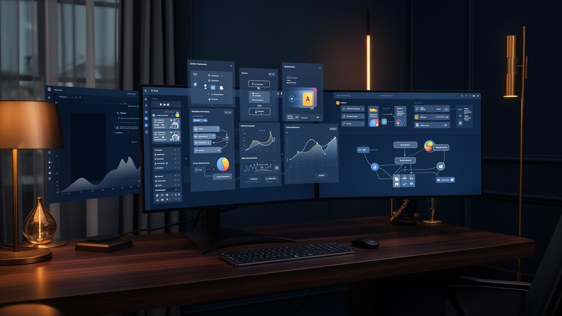 A senior marketing team collaborating with AI tools on a large screen in a modern London office