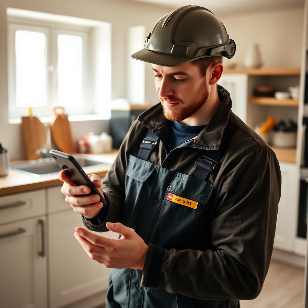 South London tradesperson reading an AI-generated recommendation on their phone in a bright kitchen