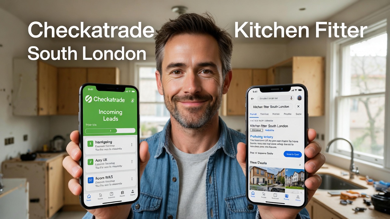South London tradesperson comparing Checkatrade and Google on a laptop at a workbench