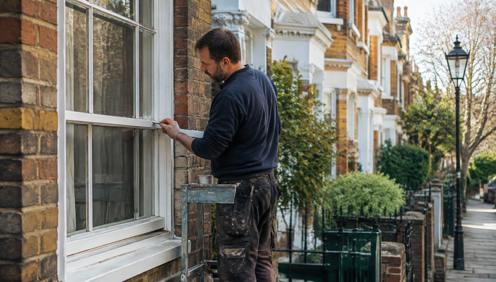 Tradesperson restoring a sash window on a Victorian brick terrace in a London conservation street
