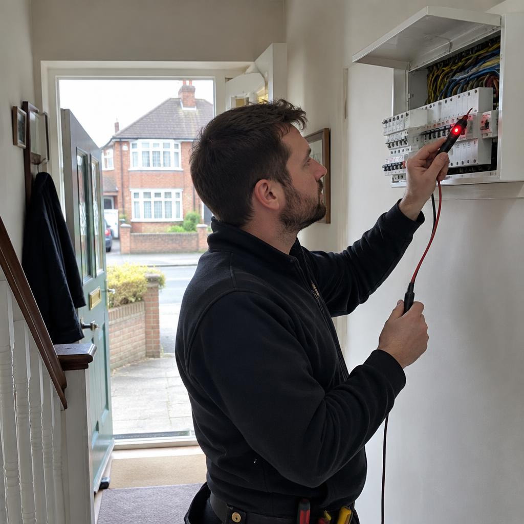 Electrician testing a consumer unit in a 1930s semi-detached house hallway with the front door open to the street