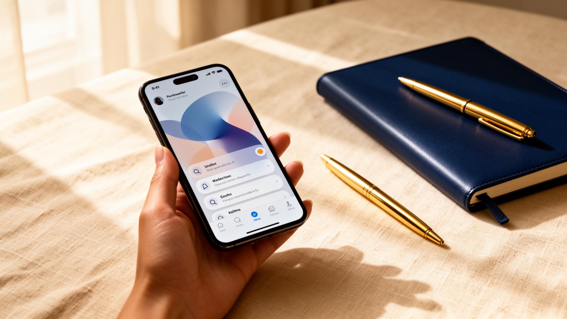Hand holding a smartphone displaying an elegant inbox beside a navy leather notebook and gold pen