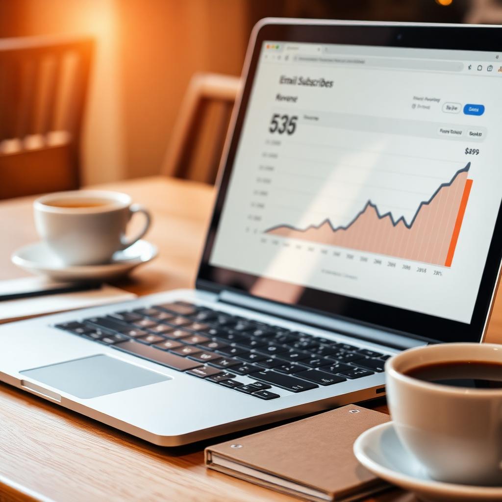 A laptop screen showing a growing email subscriber list and revenue chart on a warm cafe desk
