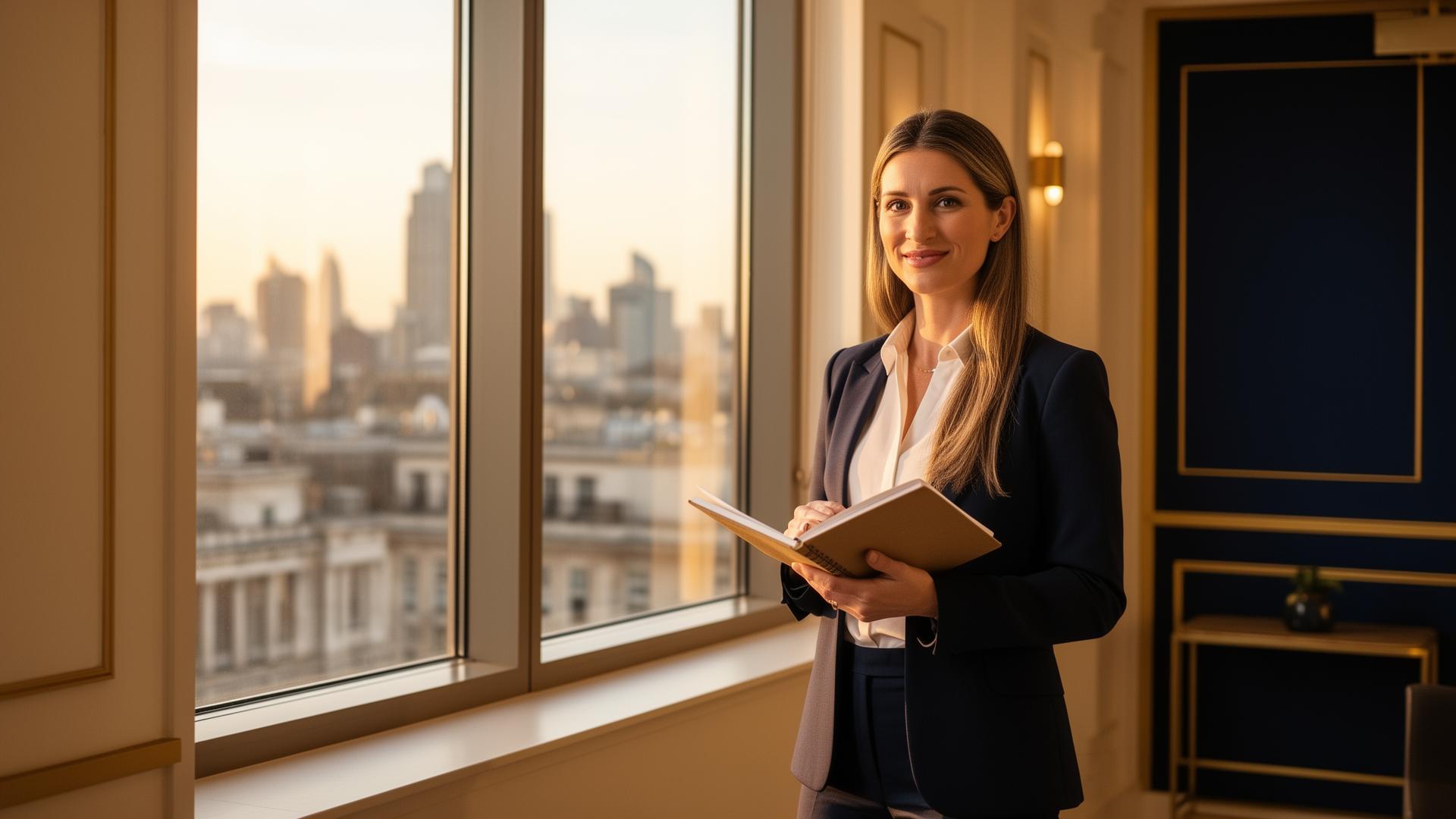 Confident marketing strategist standing at a sunlit London office window