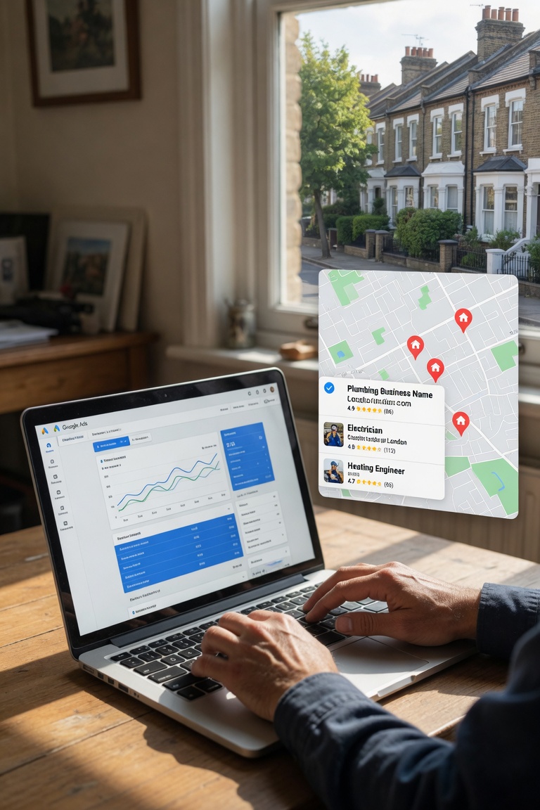 South London tradesperson reviewing Google Ads and SEO performance on a laptop