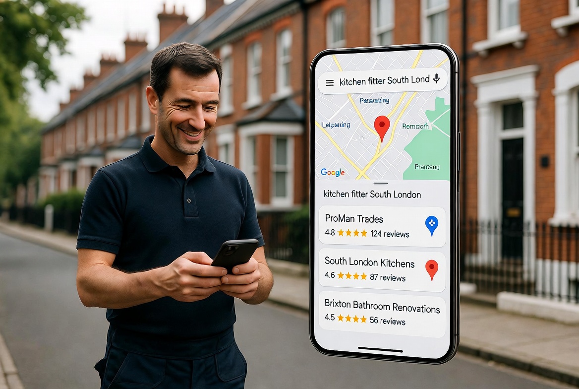 South London tradesperson checking Google Maps search results on a smartphone at a renovation site