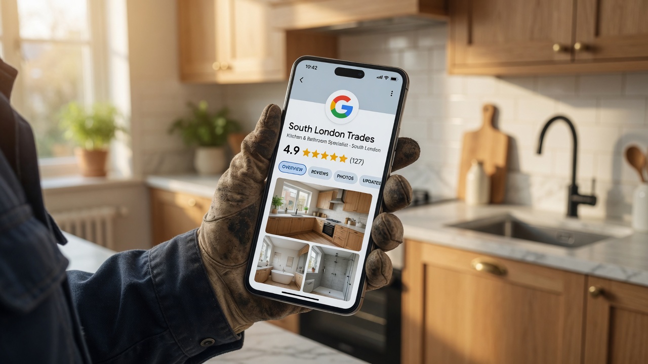 South London tradesperson checking Google reviews on a smartphone after completing a kitchen installation