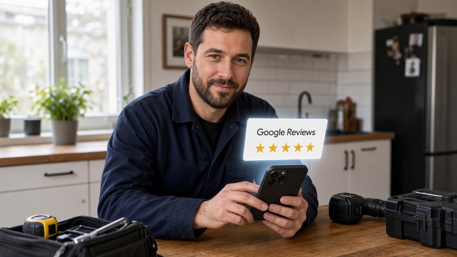 South London tradesperson calmly reading a review on a smartphone, preparing a professional response