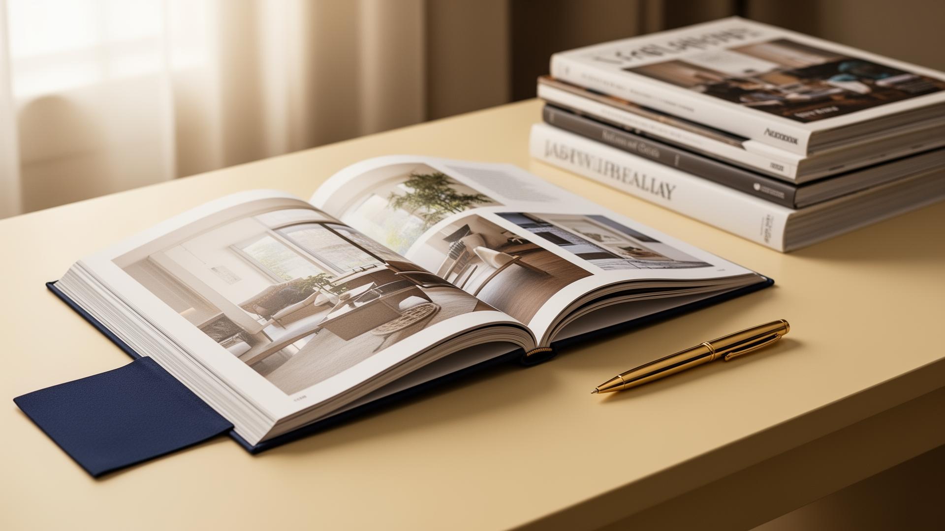 Open premium editorial book on a warm ivory desk beside a stack of magazines and a gold pen