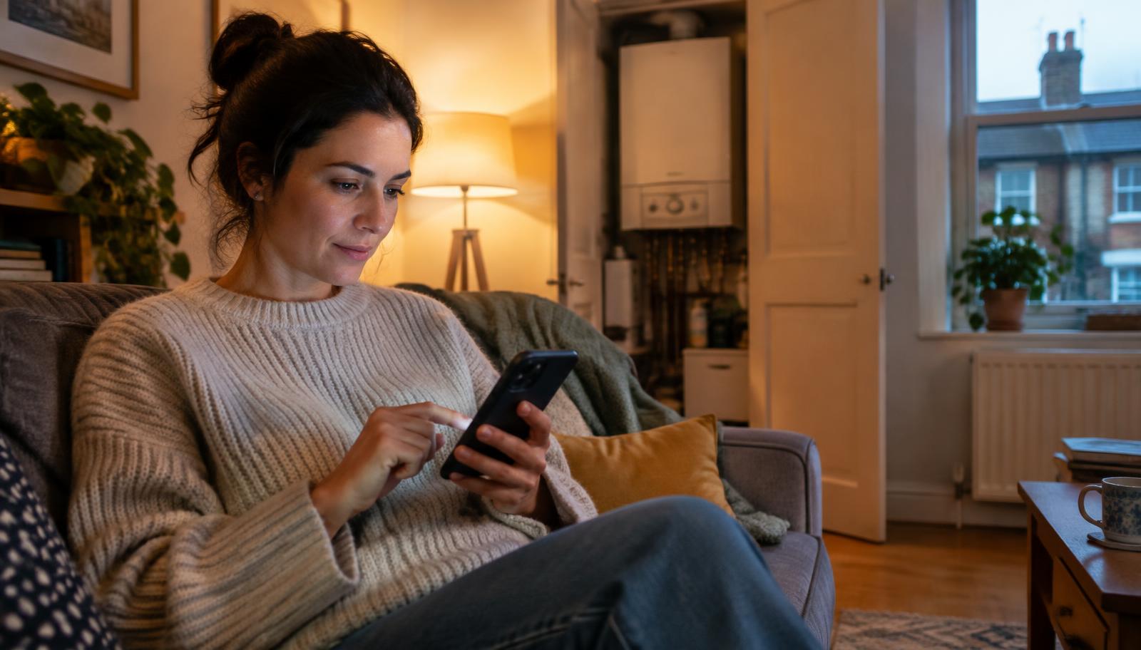 Homeowner searching for a plumber on a smartphone in a warm South London living room with a boiler cupboard behind
