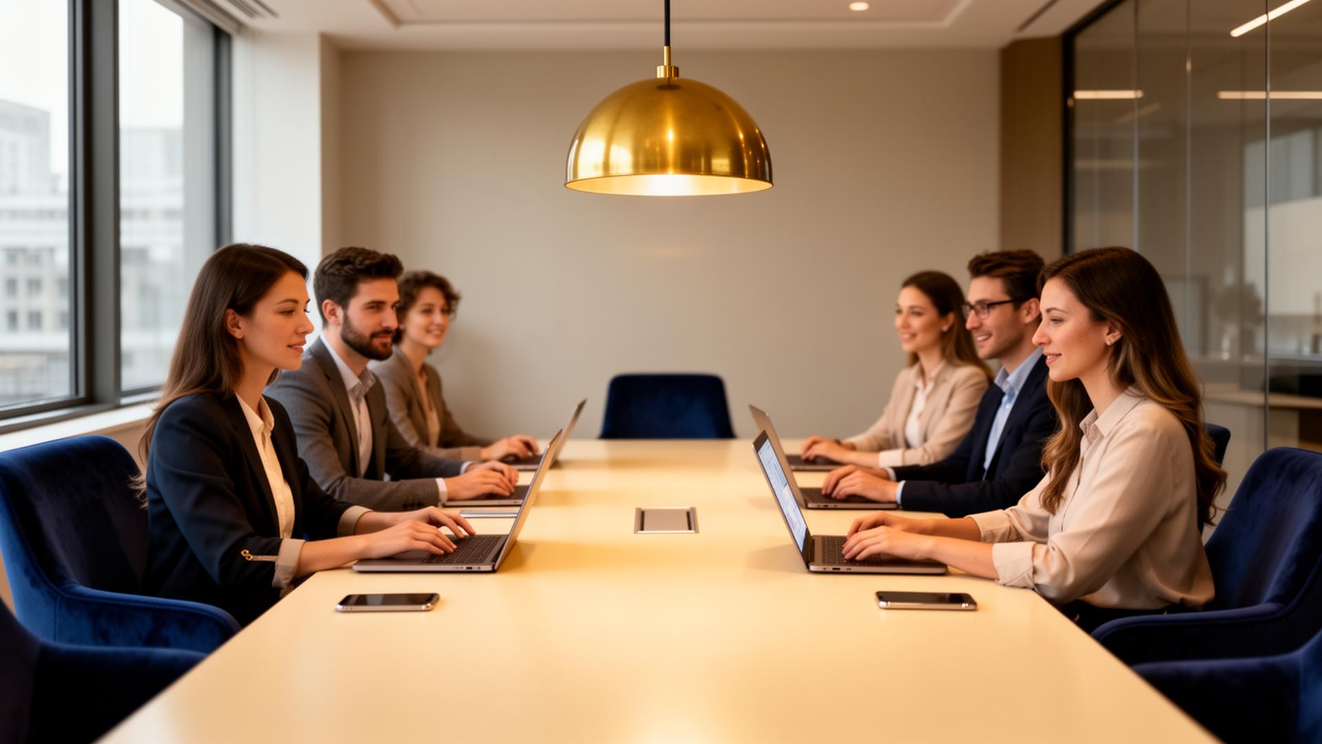 Marketing team meeting around a boardroom table with laptops and natural light