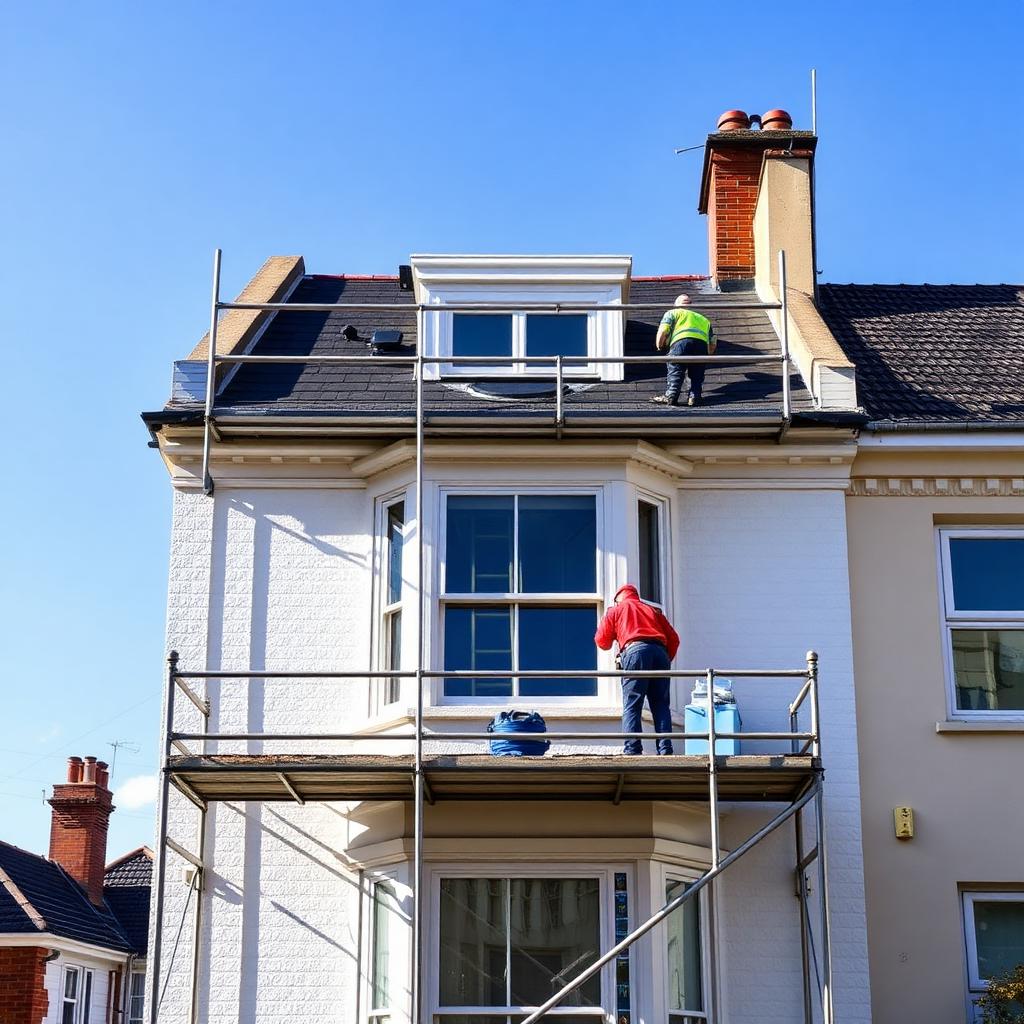 Loft conversion dormer under construction on a London period terrace with scaffolding