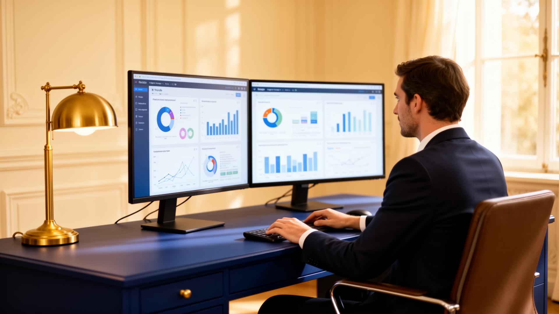 Analyst reviewing marketing dashboards on dual monitors at a navy desk in a sunlit office
