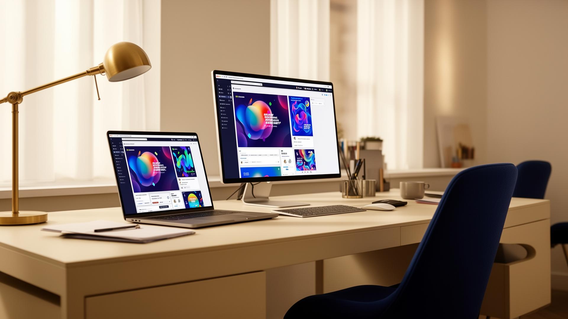 Premium creative workspace with laptop and monitor displaying ad creative on a warm ivory desk