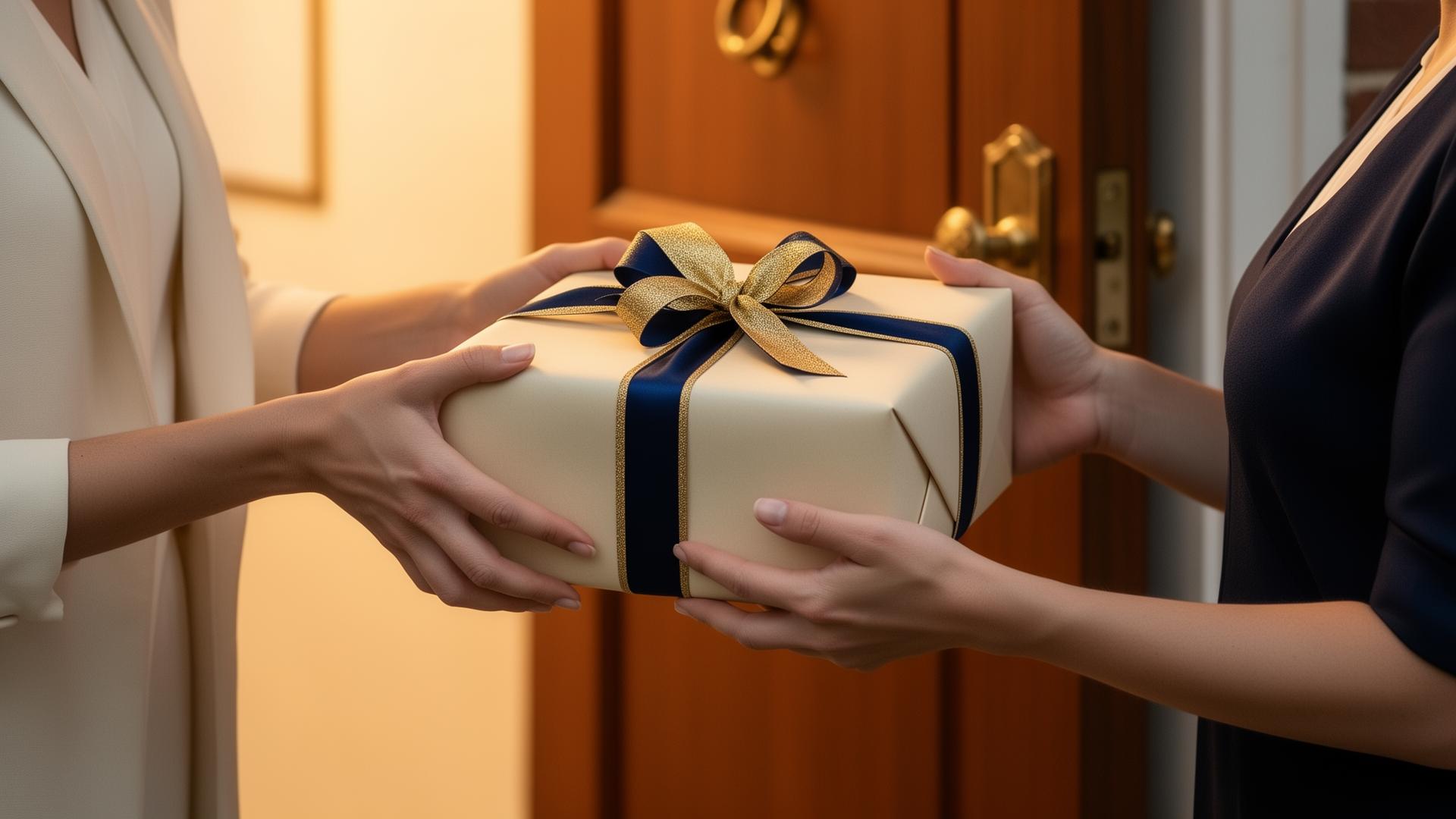 Hands offering an elegantly wrapped premium parcel with navy and gold ribbon at a warm-lit doorway