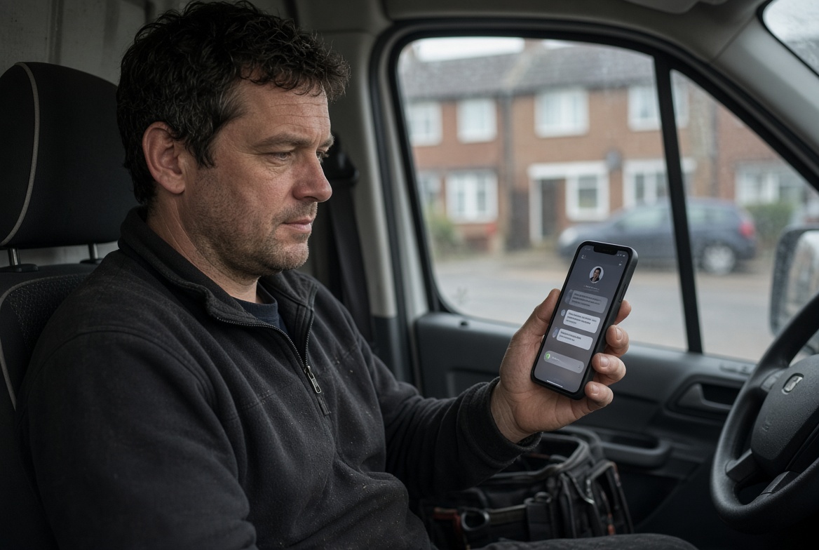 South London tradesperson reviewing enquiries on a phone, deciding which ones to follow up