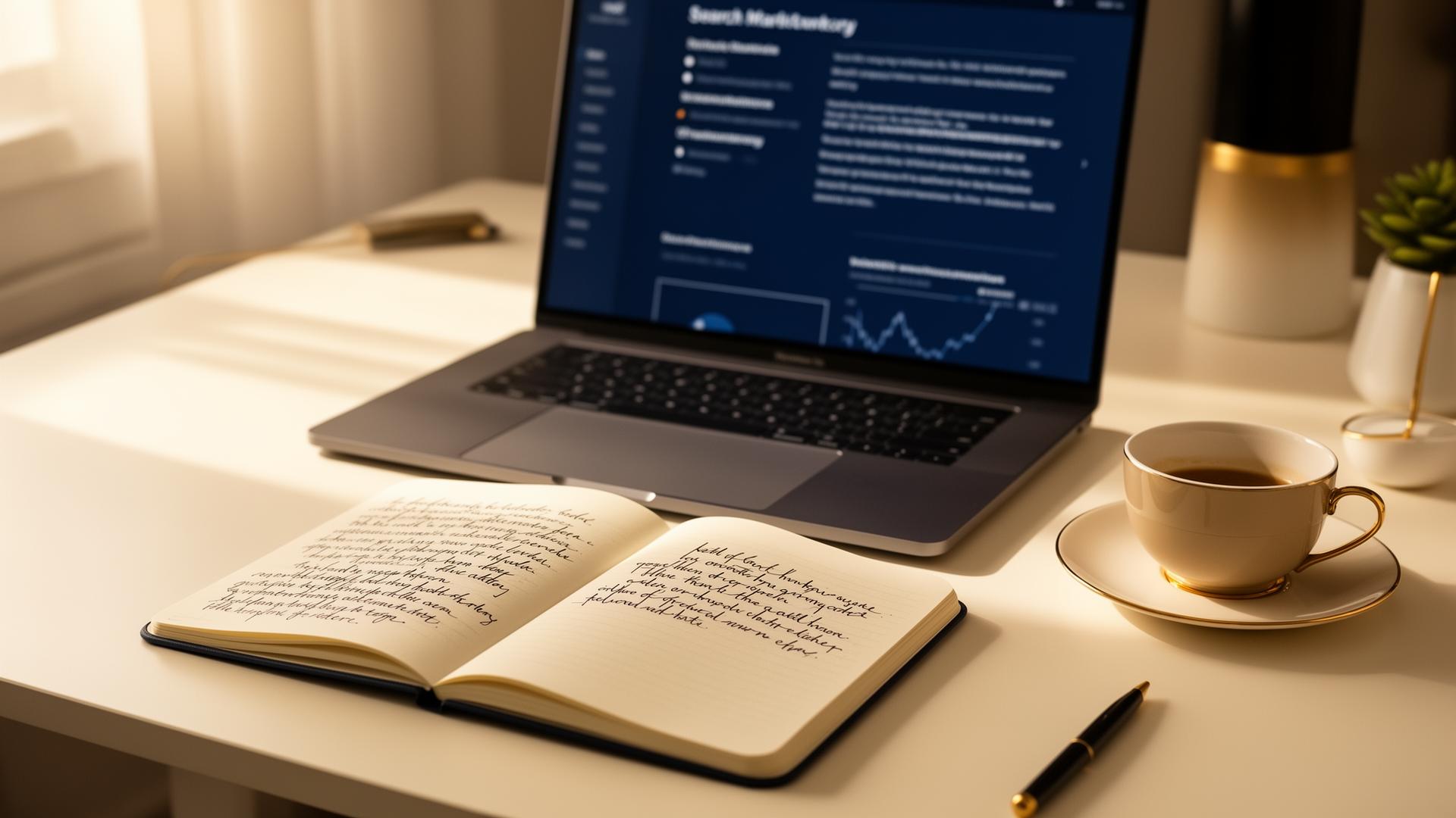 Modern laptop and handwritten notebook on a warm ivory desk in soft daylight