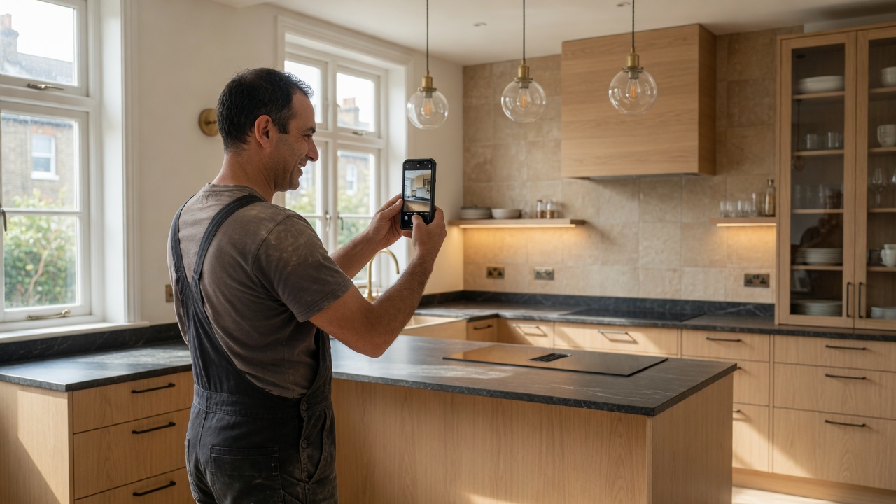 South London tradesperson photographing a completed kitchen renovation for social media