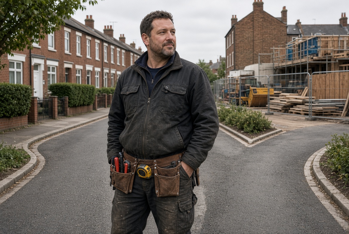 South London tradesperson standing confidently at a crossroads decision point outside a completed renovation