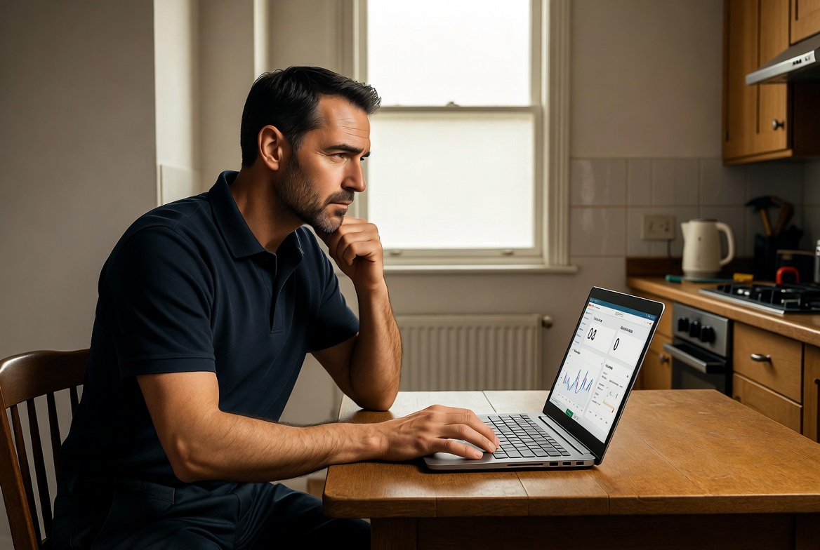 South London tradesperson frustrated at laptop showing website traffic but no enquiry calls