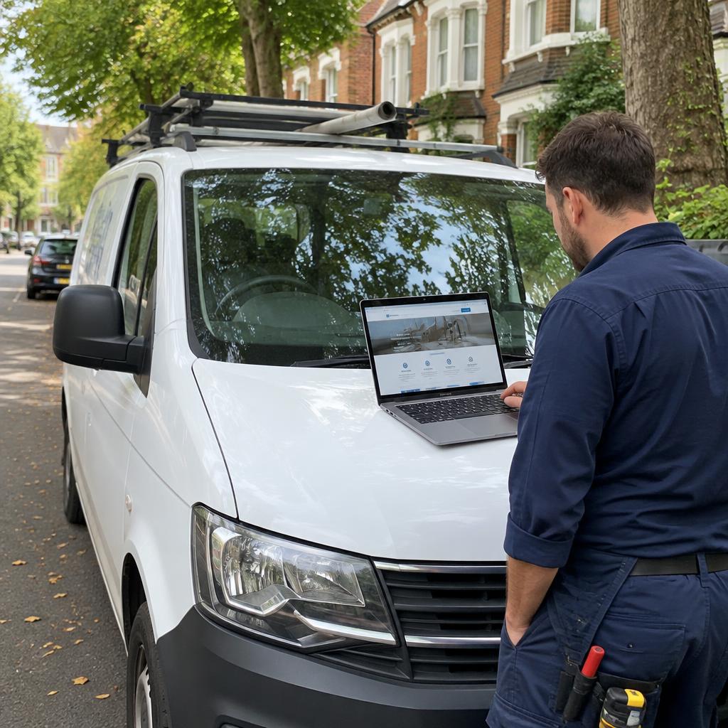 Plumber's van on a residential street with a laptop on the bonnet showing the business's own website
