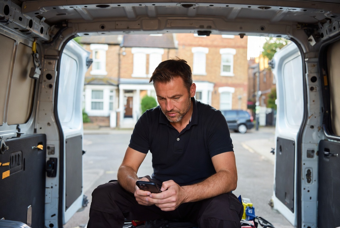 South London tradesperson looking at a quiet phone, reflecting on slower word of mouth referrals