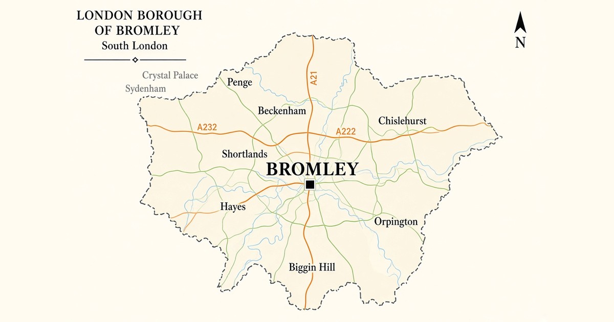 Illustrated map of the London Borough of Bromley showing Penge, Beckenham, Shortlands, Hayes, Chislehurst, Orpington and Biggin Hill