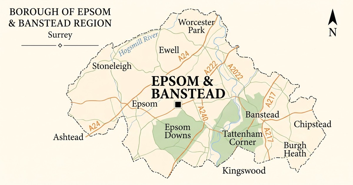 Illustrated map of Epsom and Ewell and the Banstead area of Reigate and Banstead, Surrey